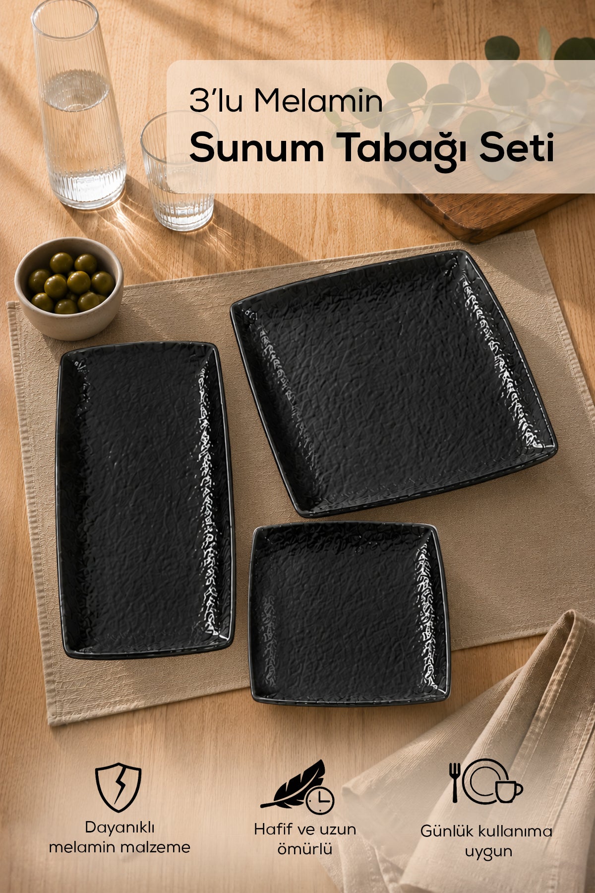 3 Adet Melamin Sunum Tabağı Seti, Sunum Tabağı,Servis Tabağı-Desenli Kırılmaz Servis Tabağı- Siyah