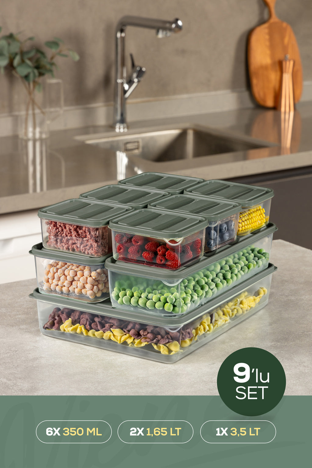 9'lu Buzdolabı Dondurucu Organizer Ve Saklama Kabı Yeşil 6x(350ML) 2x(1,65LT) 1x(3,5LT)
