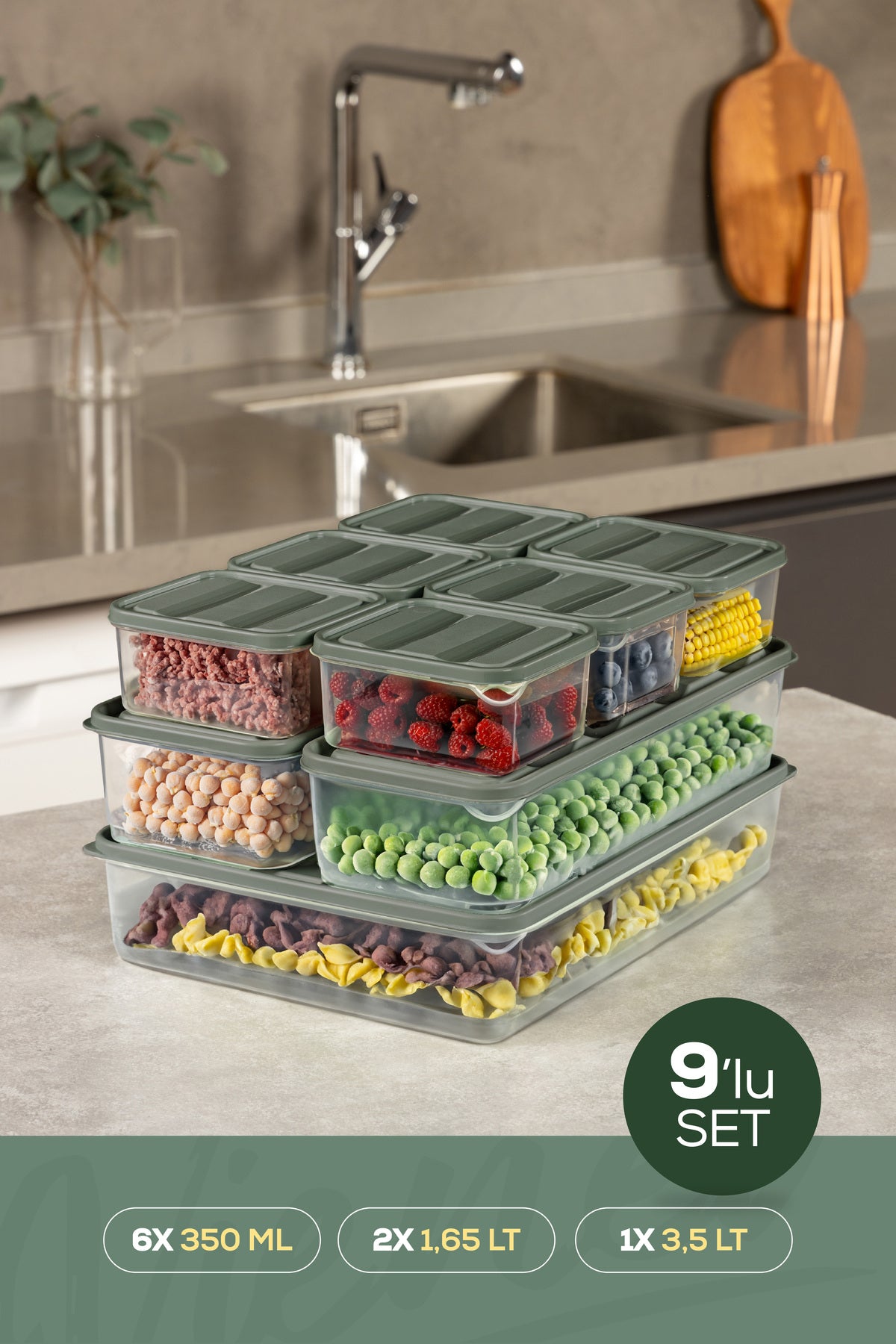 9'lu Buzdolabı Dondurucu Organizer Ve Saklama Kabı Yeşil 6x(350ML) 2x(1,65LT) 1x(3,5LT)