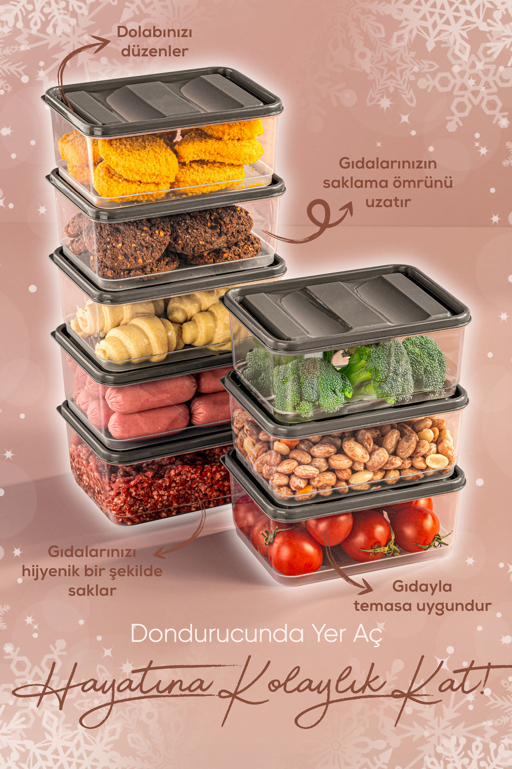 8'li 775 ml Buzdolabı Düzenleyici Organizer Mikrodalgaya Uygun Difriz Saklama Kabı Gri