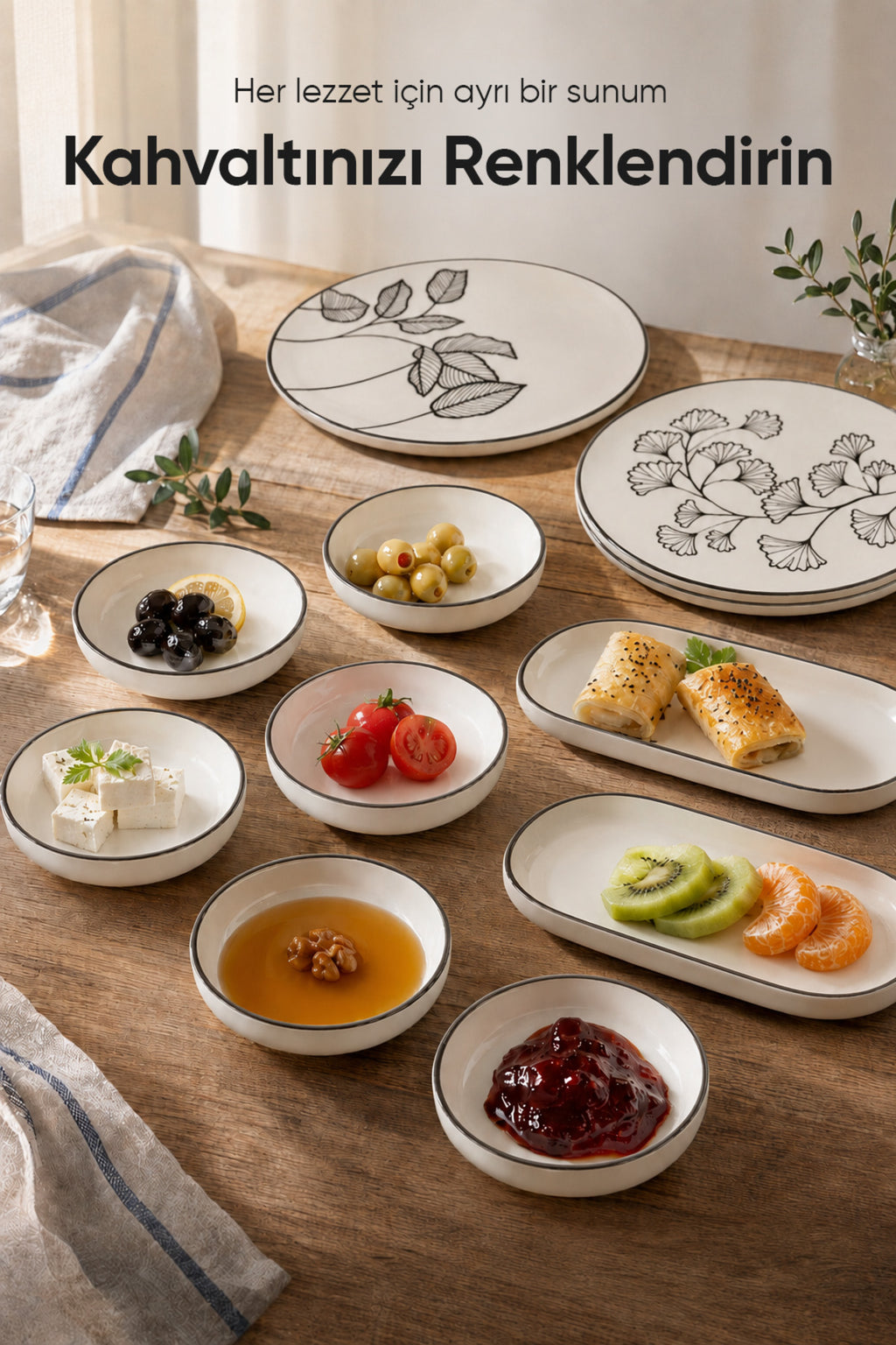 Siyah Yaprak Desenli 14 Parça 6 Kişilik Seramik Kahvaltı Takımı Servis Sunum Tabaklı Dekoratif Sofra Seti