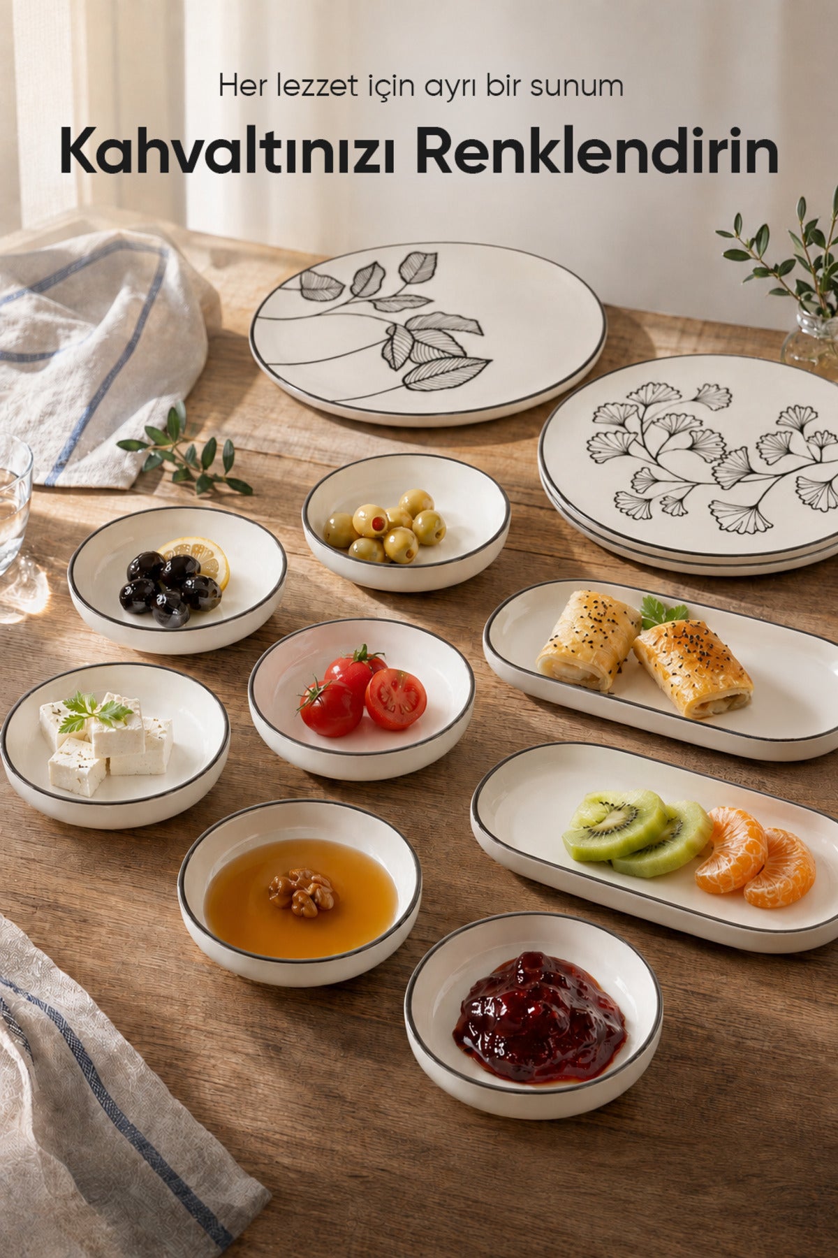 Siyah Yaprak Desenli 14 Parça 6 Kişilik Seramik Kahvaltı Takımı Servis Sunum Tabaklı Dekoratif Sofra Seti