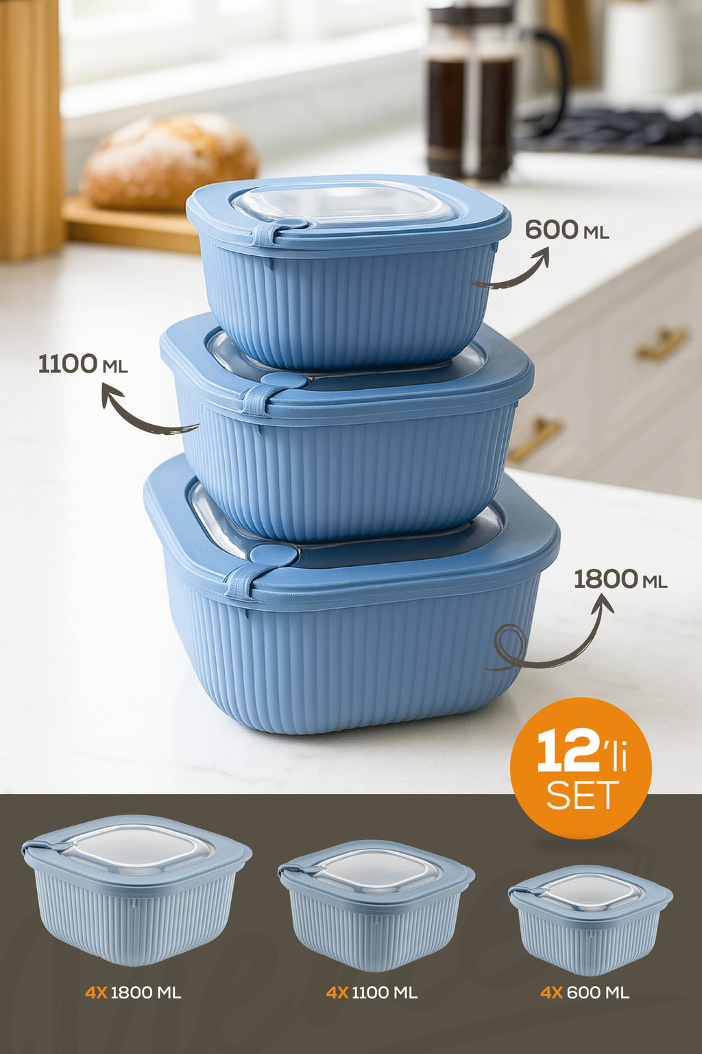 12'li 4x(600-1100-1800 ML) Mikrodalga Ve Difrize Uygun Vip Kapaklı Özel Saklama Kabı Seti Mavi