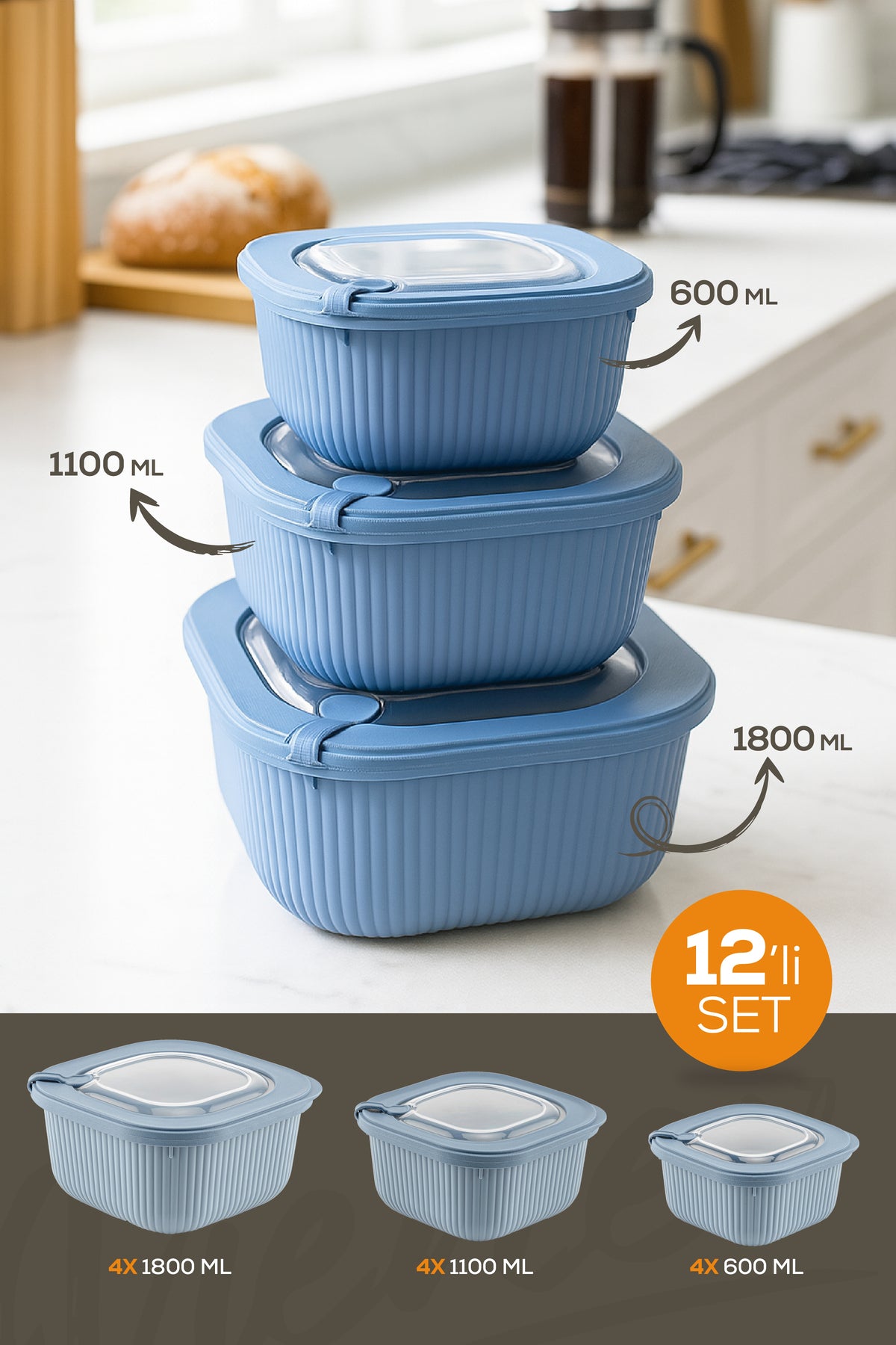 12'li 4x(600-1100-1800 ML) Mikrodalga Ve Difrize Uygun Vip Kapaklı Özel Saklama Kabı Seti Mavi