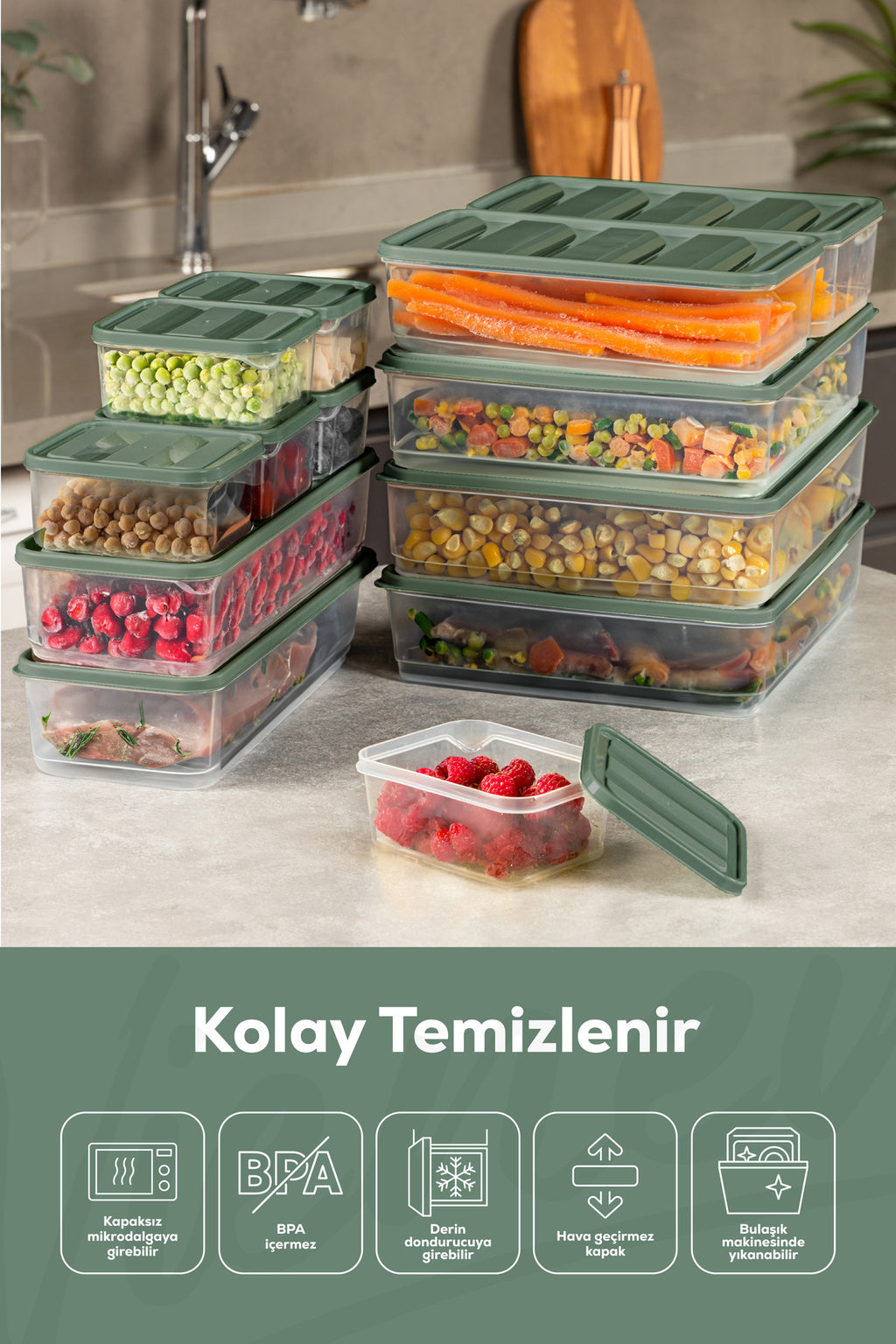 10'lu Buzdolabı Dondurucu Organizer Ve Saklama Kabı Yeşil 6x(350ML) 2x(1,65LT) 2x(1,75LT)