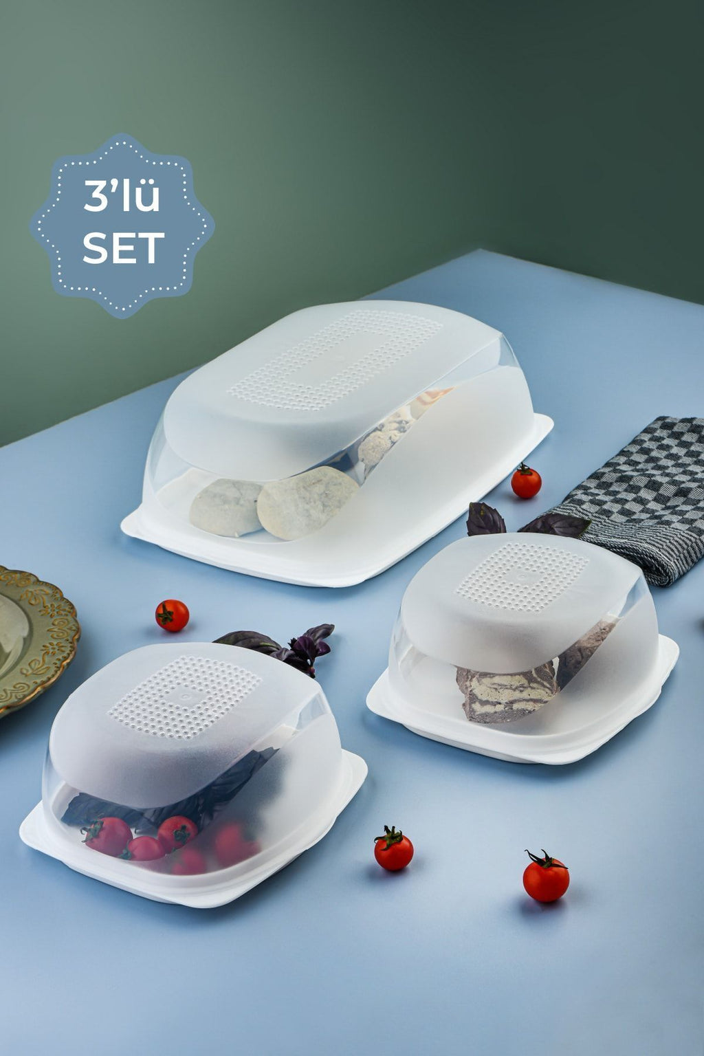 3lü Kapaklı Servis Sunum Tabağı - Ekmeklik Ve Ikram Tabağı Beyaz