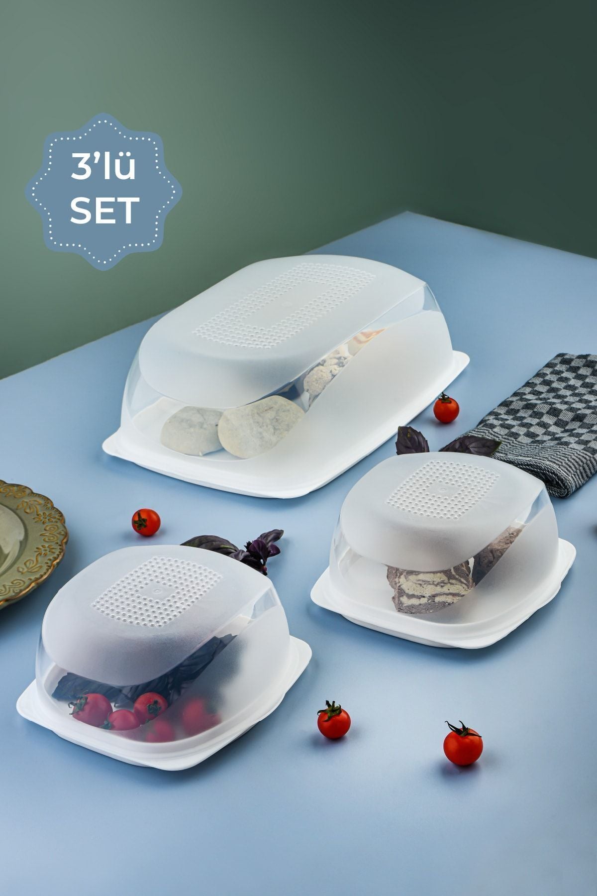 3lü Kapaklı Servis Sunum Tabağı - Ekmeklik Ve Ikram Tabağı Beyaz