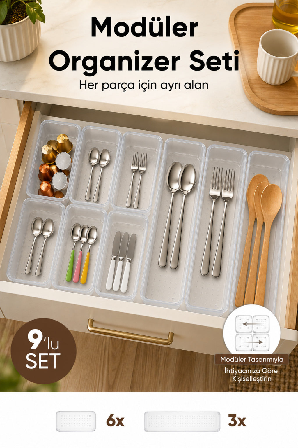 9'lu Modüler Şeffaf Kaşıklık Seti Çekmece İçi Mutfak Çatal Kaşık Bıçak Düzenleyici Organizer (3F6C)