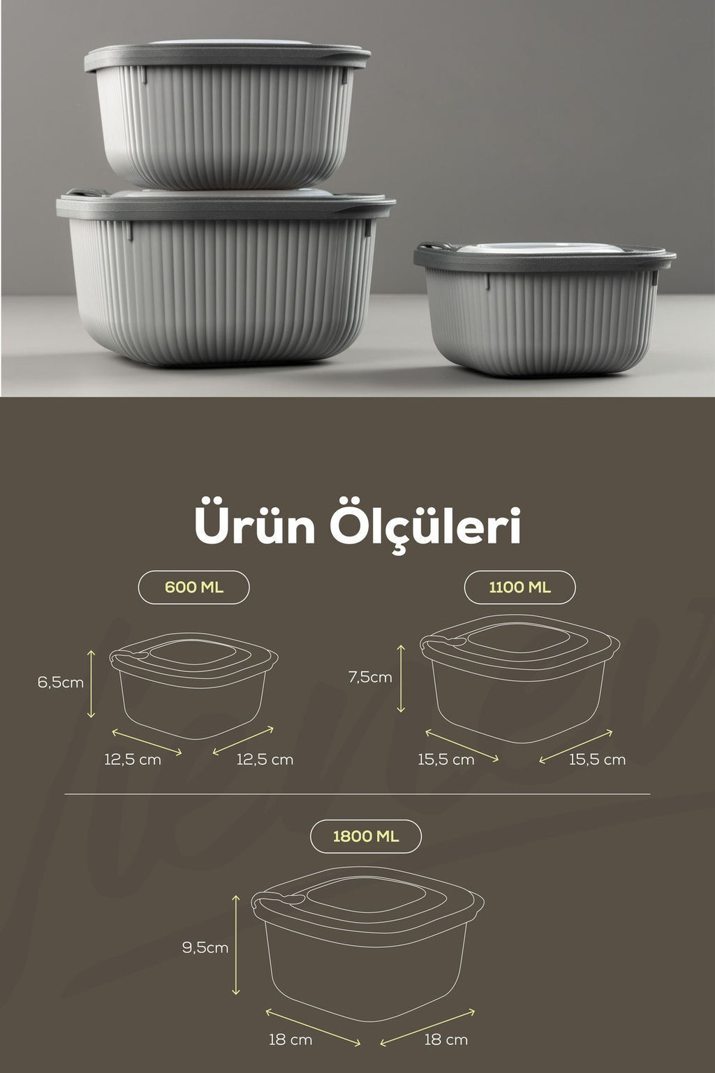 3'lü Mikrodalga Ve Difrize Uygun Vip Kapaklı Özel Saklama Kabı Seti Antrasit