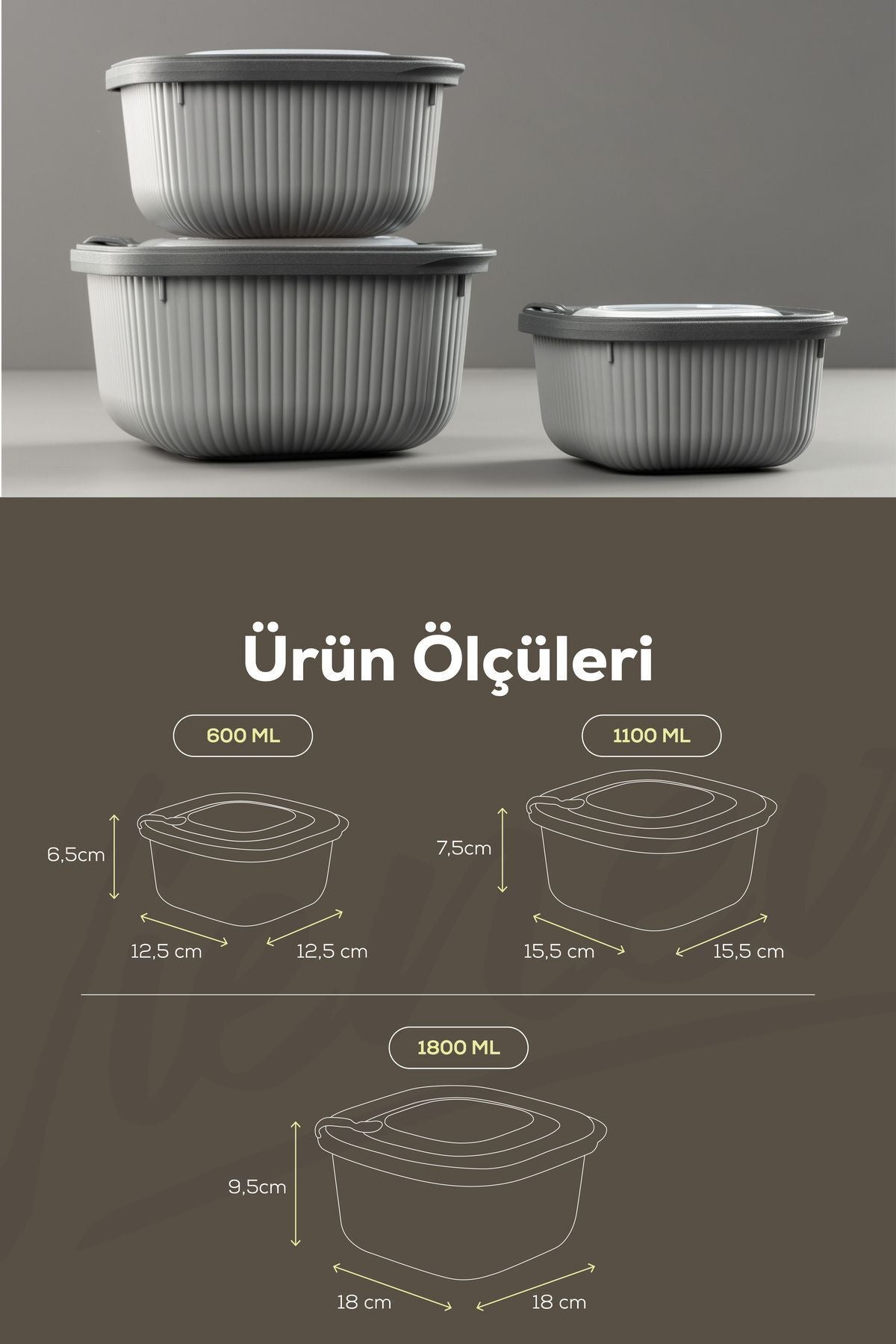 3'lü Mikrodalga Ve Difrize Uygun Vip Kapaklı Özel Saklama Kabı Seti Antrasit