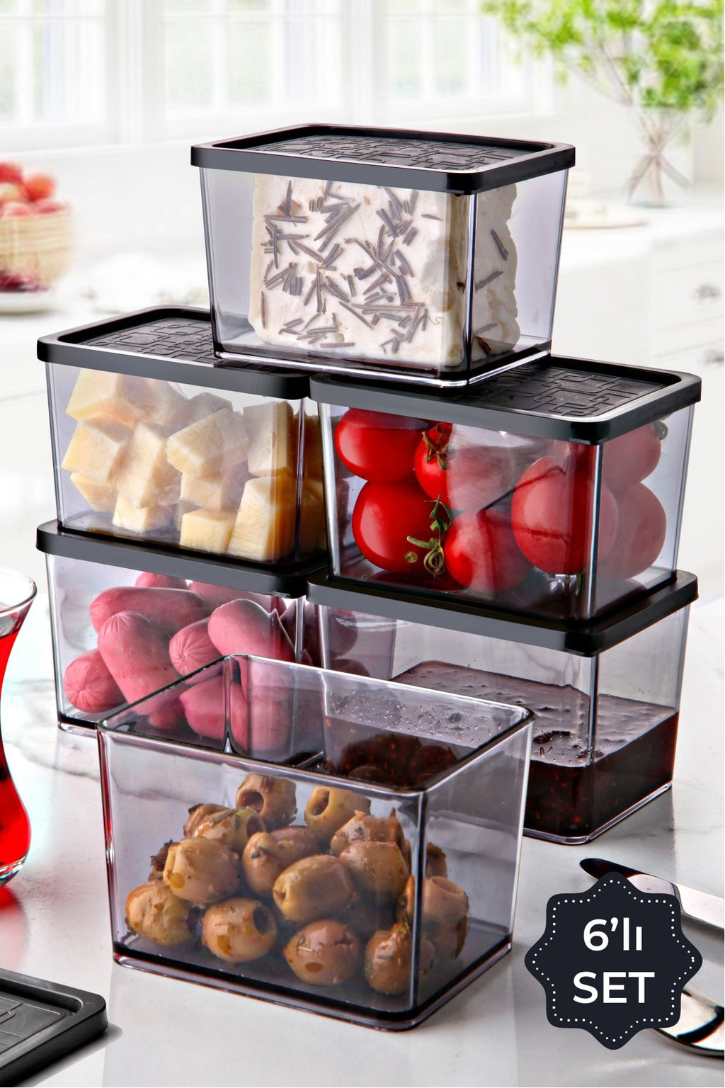 6lı Multi Set Kahvaltılık Ikramlık Saklama Kabı Büyük Boy Siyah