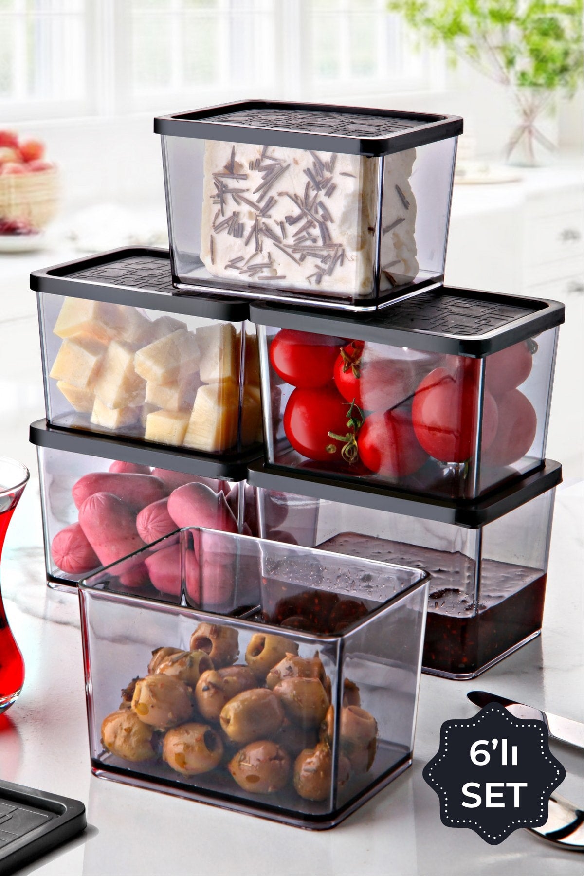 6lı Multi Set Kahvaltılık Ikramlık Saklama Kabı Büyük Boy Siyah