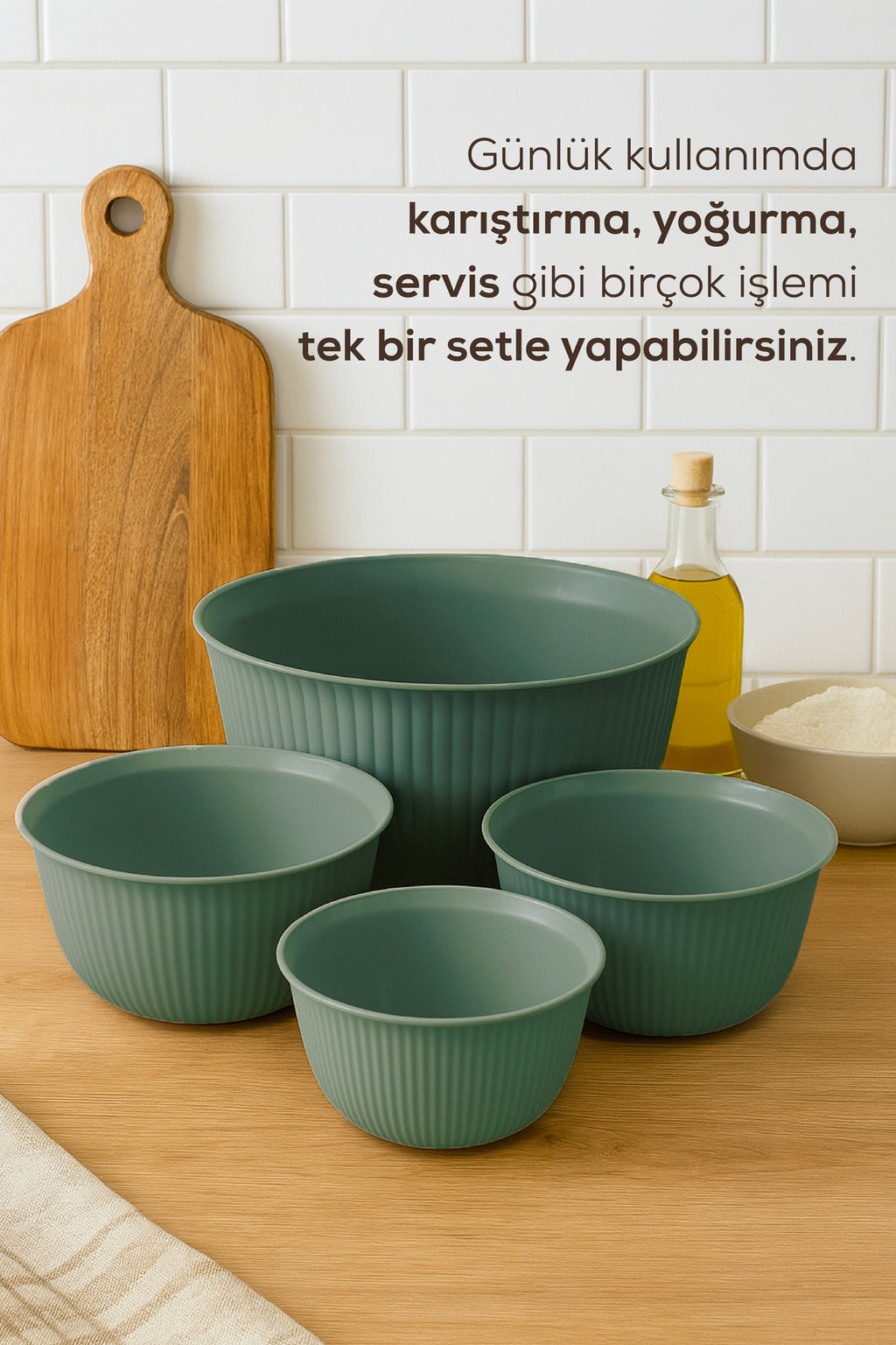 4'lü Mega Boy Plastik Karıştırma ve Saklama Kase Seti | 1L, 2L, 3L, 5L Yeşil