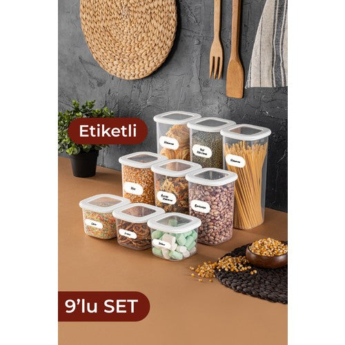 9'lu Etiketli Kare Erzak Saklama Seti
