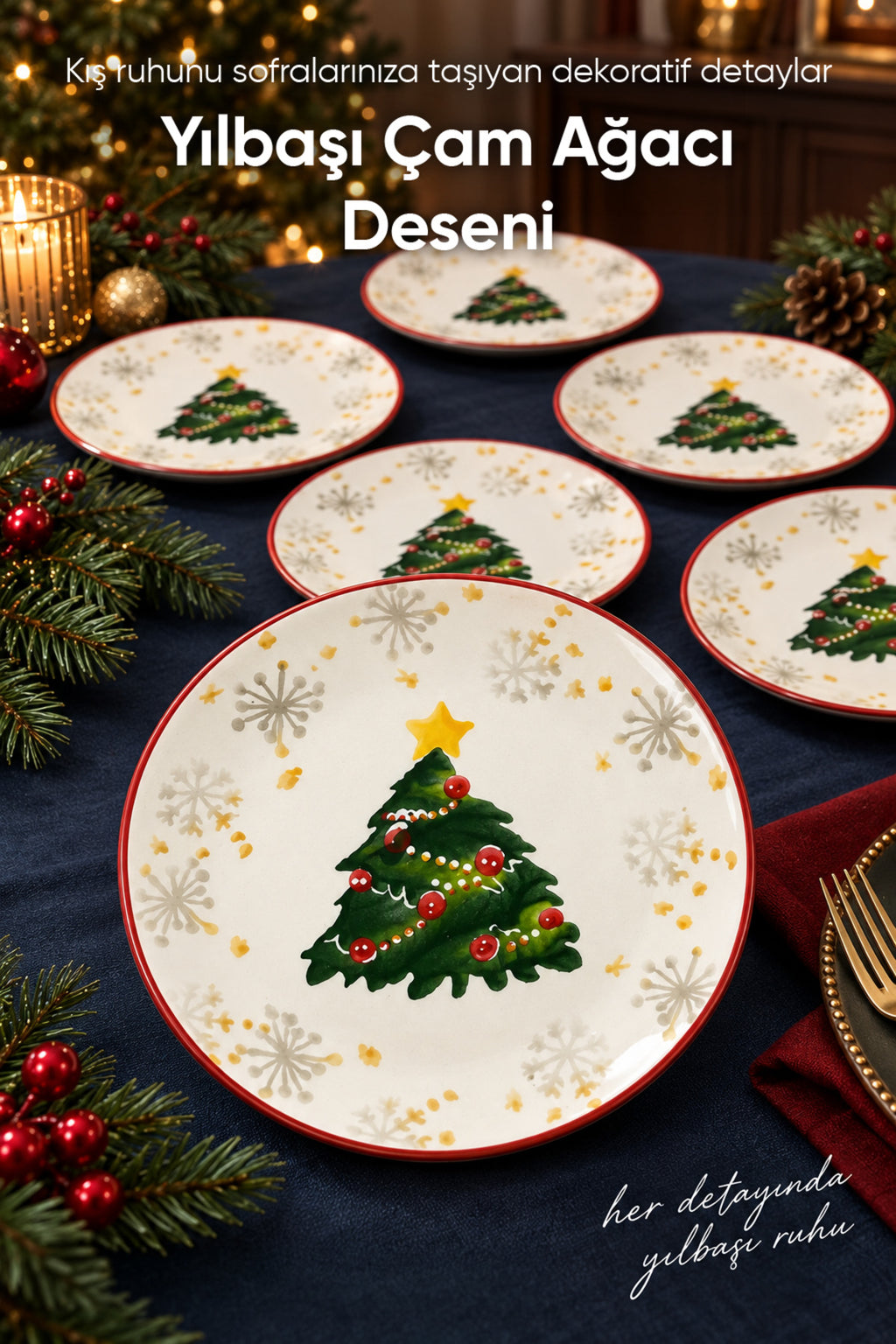 6'lı Süslü Yılbaşı Çam Ağacı Desenli Pasta Tabağı 19 cm Tatlı Sunum Servis Tabağı Kırmızı Beyaz 6 Kişilik