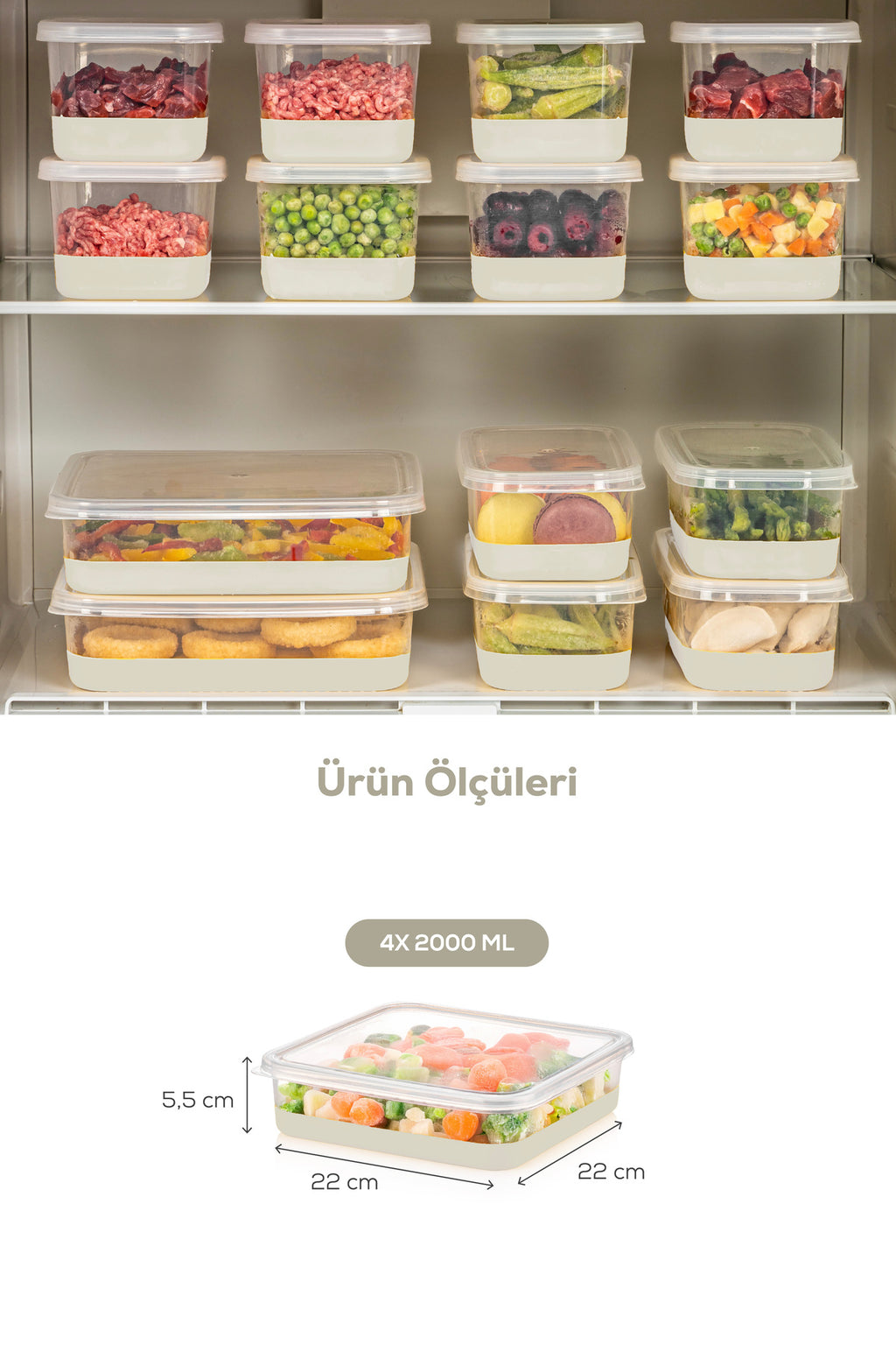 4 Parça 2000 ml Yumuşak Tabanlı Derin Dondurucu - Difriz Saklama Kabı Gri