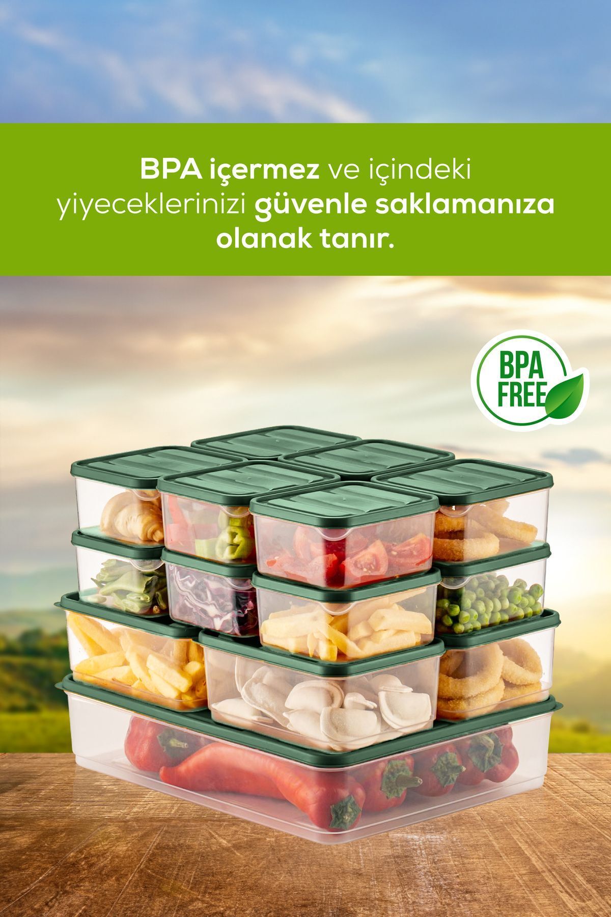 17'li Buzdolabı Düzenleyici Organizer Mikrodalgaya Uygun Difriz Saklama Kabı Yeşil