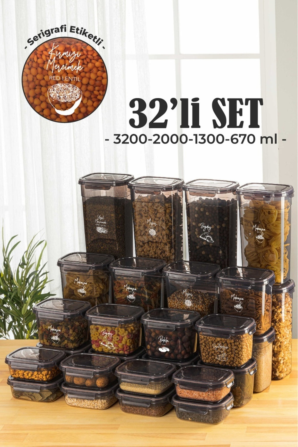 32li Contalı Dikdörtgen Saklama Kabı Seti 8x(3,2 2 1,3 0,67 Litre) Serigrafi Etiketli
