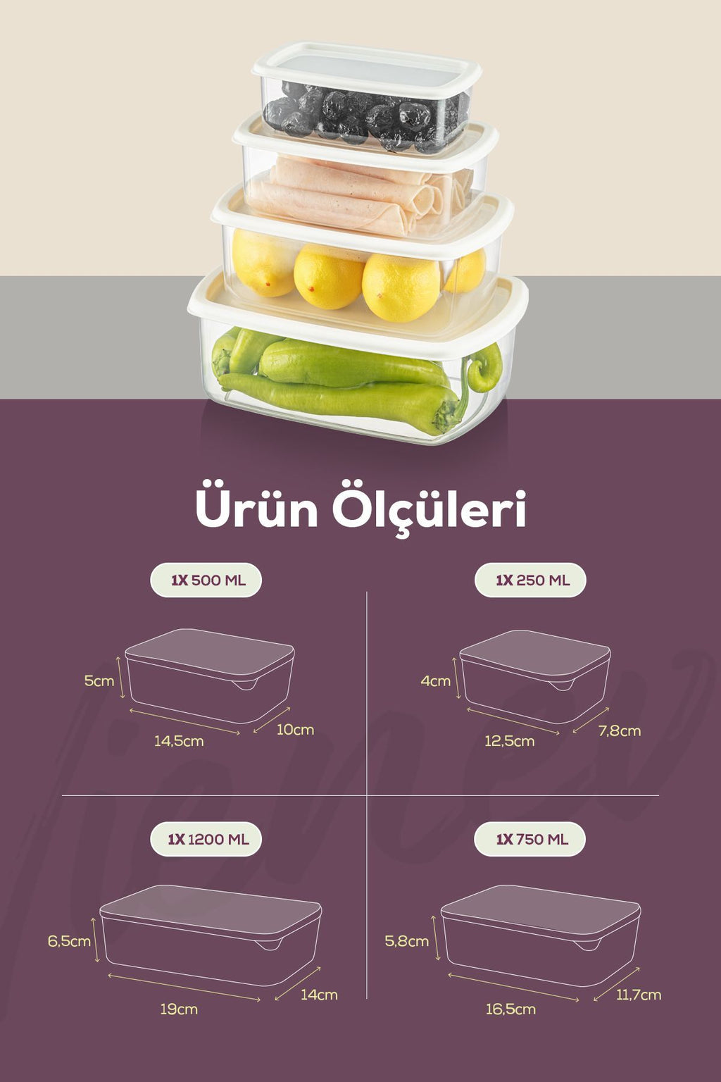 4'lü Hava Geçirmez Saklama Kabı Seti Gri 1x(250-500-750-1200 ML)
