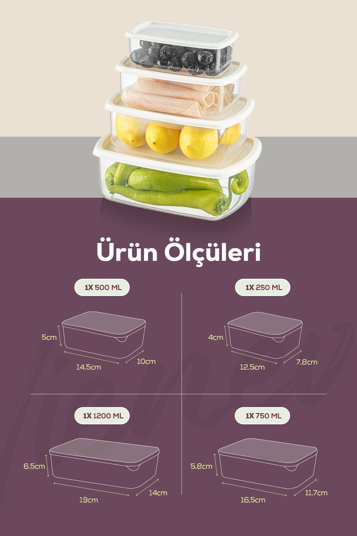 4'lü Hava Geçirmez Saklama Kabı Seti Gri 1x(250-500-750-1200 ML)