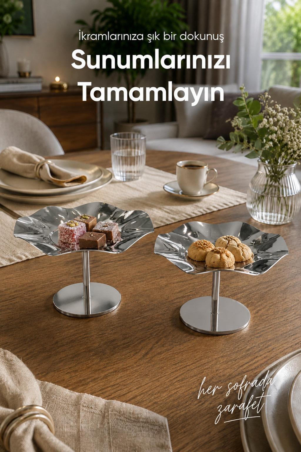 2'li Gümüş Renk Dalgalı Metal Sunum Standı - Şık ve Dekoratif İkramlık Standı