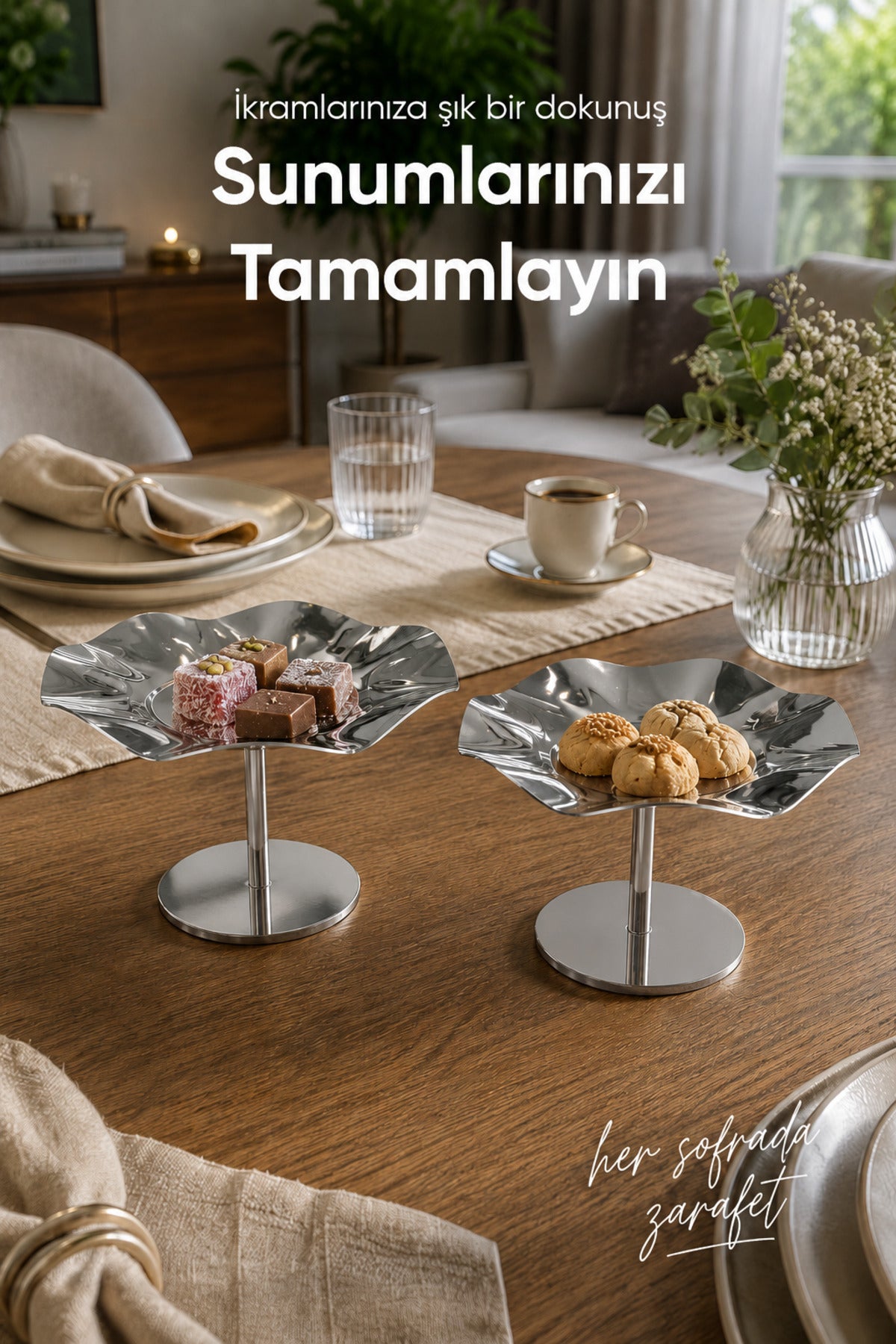 2'li Gümüş Renk Dalgalı Metal Sunum Standı - Şık ve Dekoratif İkramlık Standı