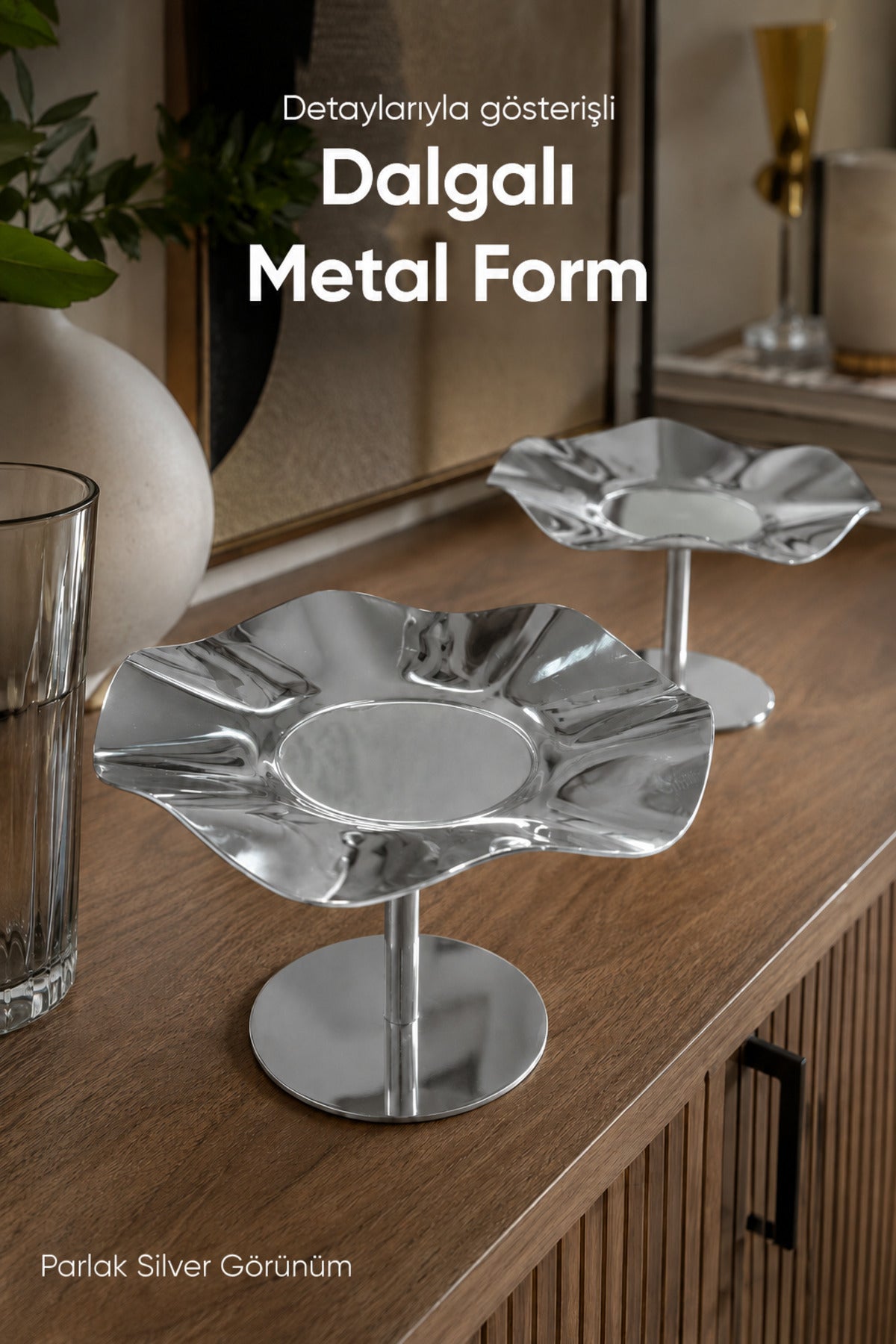 2'li Gümüş Renk Dalgalı Metal Sunum Standı - Şık ve Dekoratif İkramlık Standı