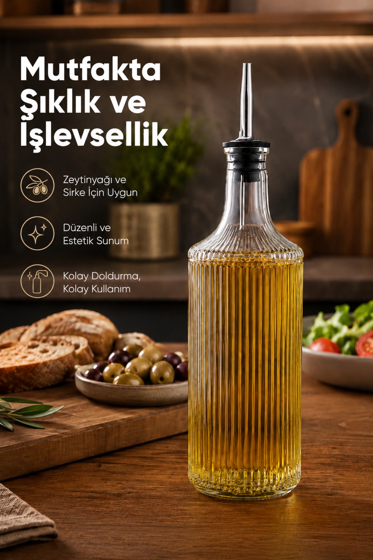 2’li Çizgili Cam Yağdanlık Seti 750 cc Yağ Sirke Şişesi Sızdırmaz