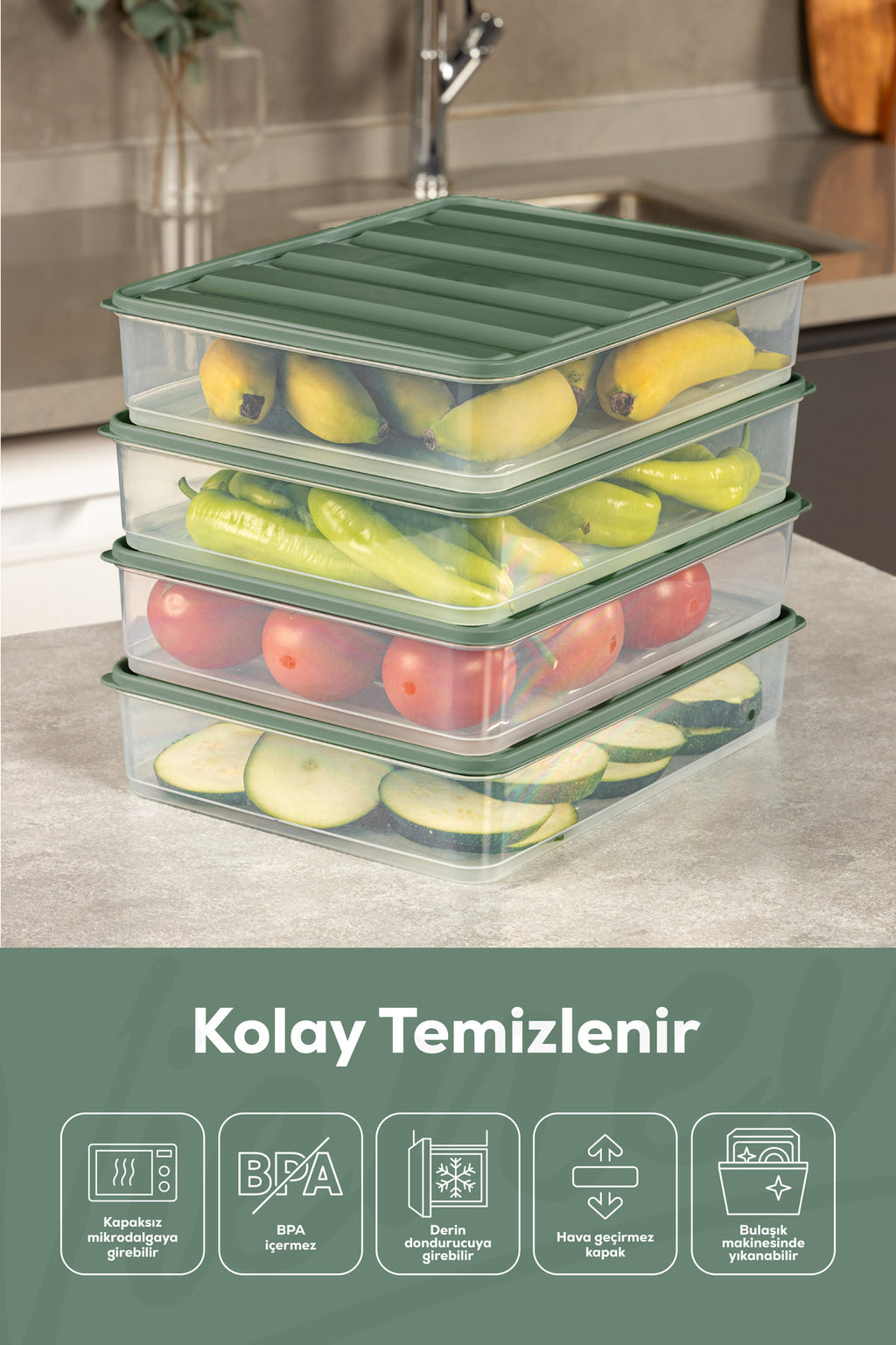 4'lü 3,5 Litre Buzdolabı Dondurucu Organizer Mikrodalga Ve Difrize Uygun Saklama Kabı Yeşil