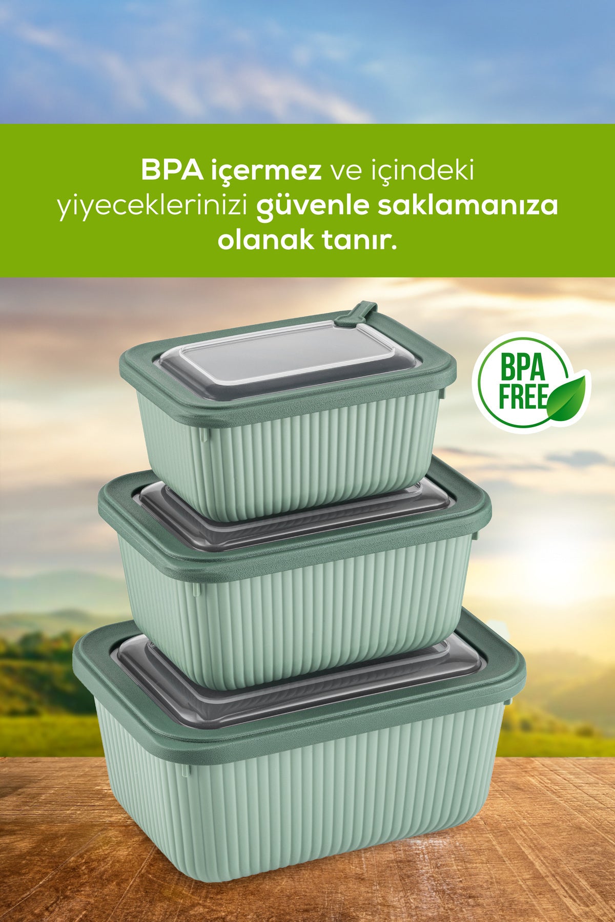 12'li Vip Dikdörtgen Mikrodalga Ve Difrize Uygun Saklama Kabı Seti Yeşil 4x(1750,1050,600 ml)