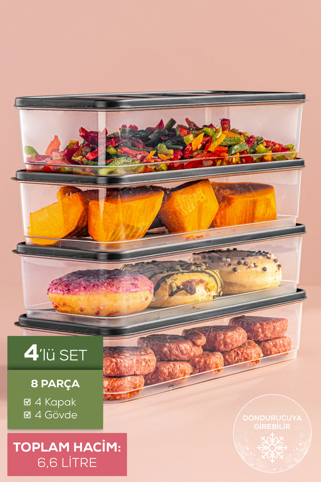 4'lü 1,65 Litre Buzdolabı Düzenleyici Organizer Mikrodalgaya Uygun Difriz Saklama Kabı Gri