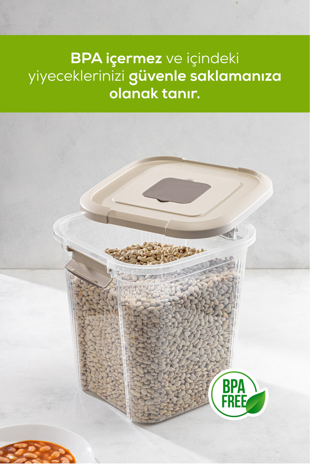 2'li 12 Litre Kare Çok Amaçlı Filtre Kapaklı Un Bakliyat Saklama Kabı Bej
