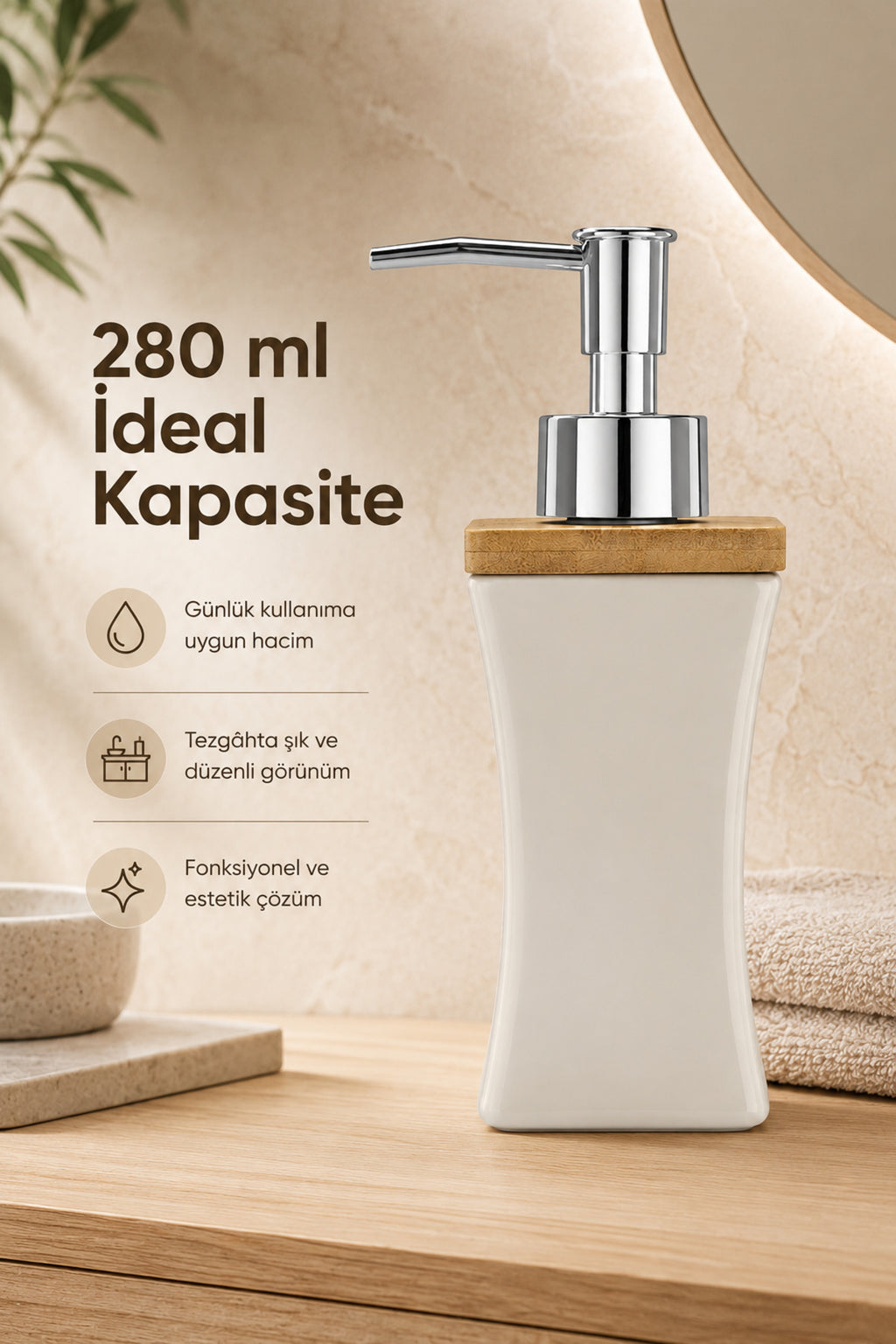 Bambu Kapaklı Porselen Sıvı Sabunluk Kavisli Model 280 ml Bej