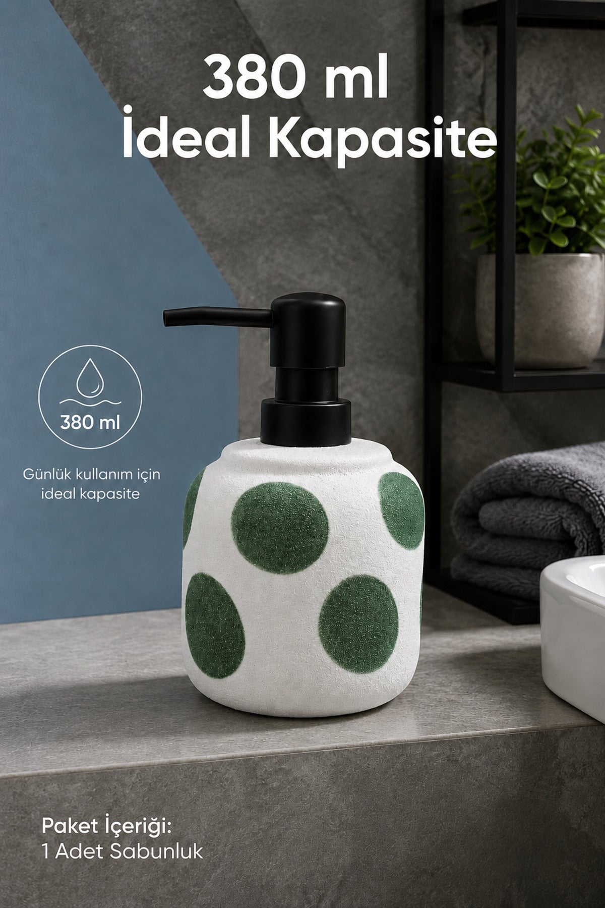 Yeşil Puantiyeli Seramik Sıvı Sabunluk 380 ml Beyaz Lüks Banyo Mutfak Sıvı Sabunluk