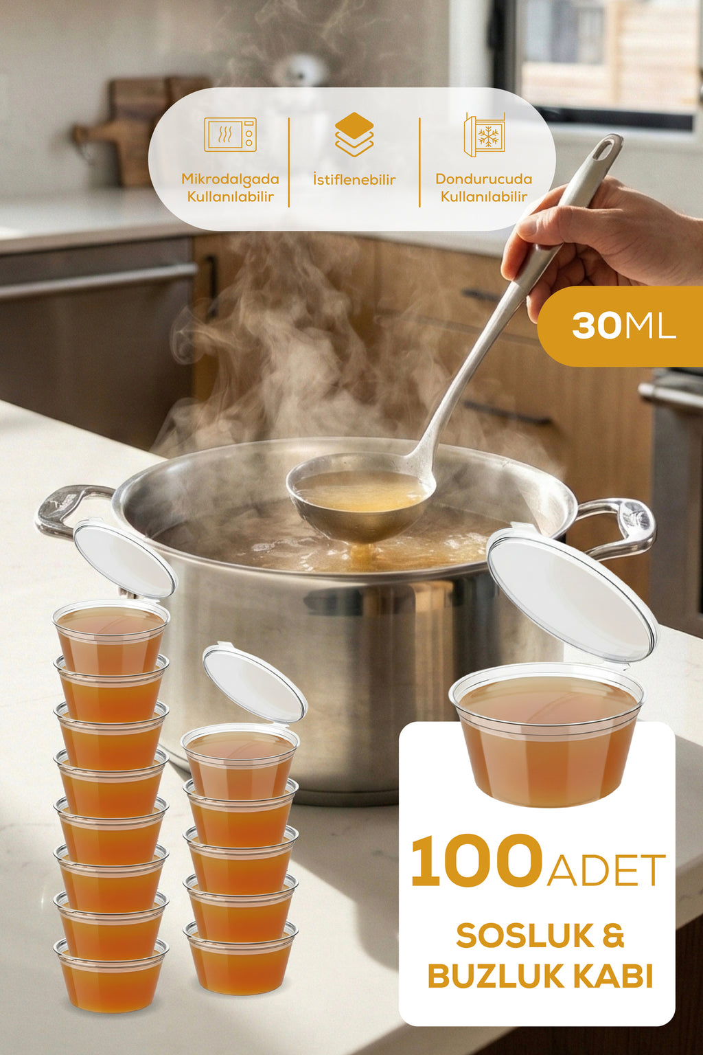100'lü Dondurucuya Uygun Saklama Kabı – 30 ml İlik, Tavuk Suyu, Sos ve İlaç Saklama Kabı