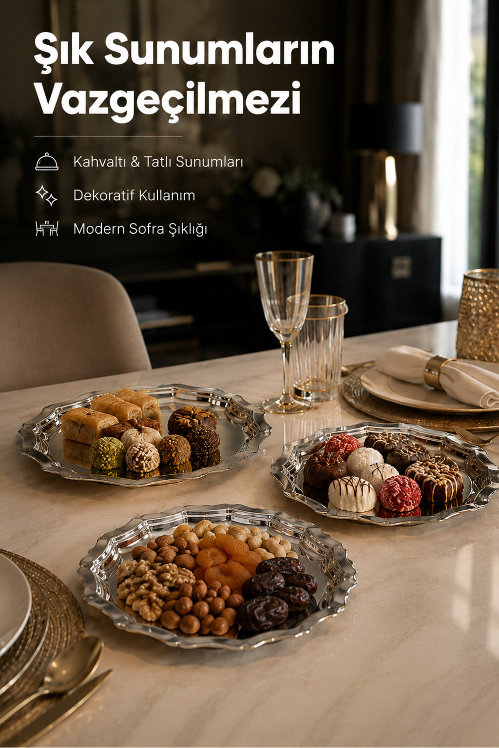 3'lü Metal Sunum Tabağı Seti 24 cm - çiçek dekor sunum tepsi