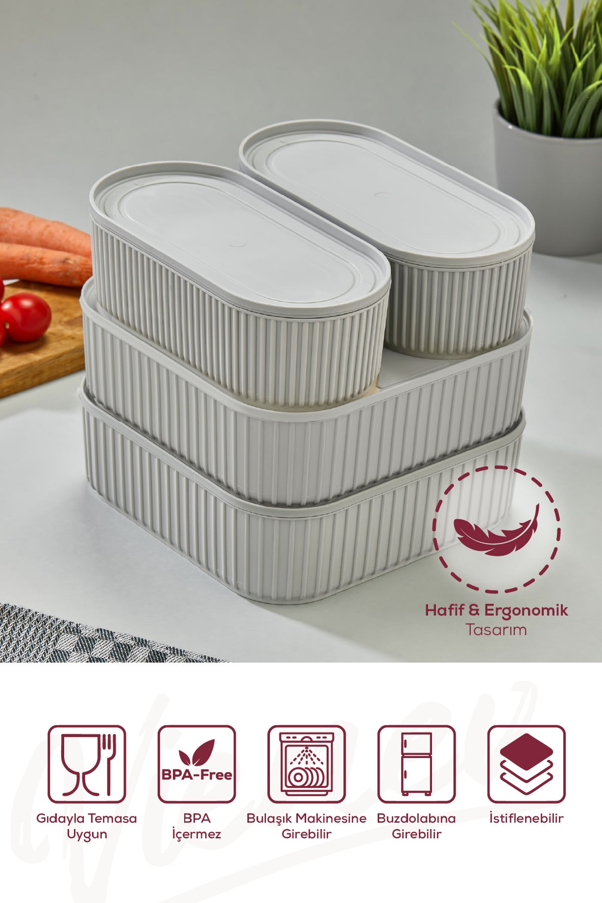 4'lü Elastik Bantlı İstiflenebilir Pratik Saklama Kabı Seti 2x(1100 ml) 2x(2400 ml) Gri