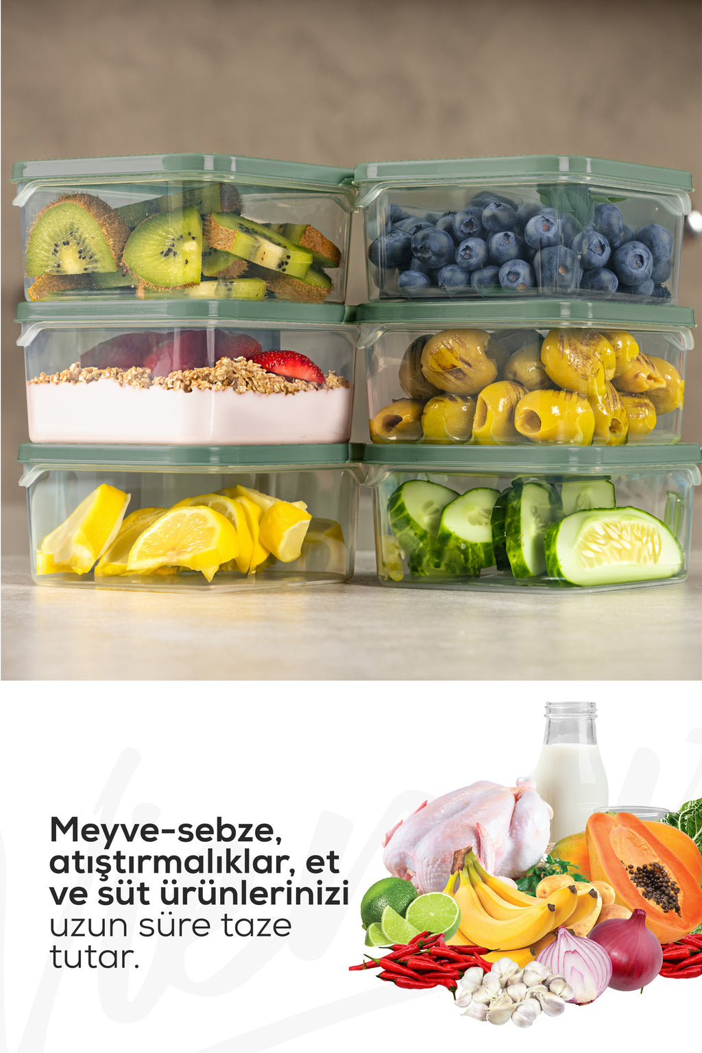 6'lı 350 ml Buzdolabı Dondurucu Organizer Mikrodalga Ve Difrize Uygun Saklama Kabı Yeşil
