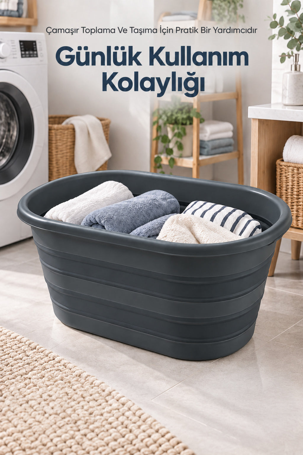 25 Litre Antrasit Katlanabilir Çamaşır Sepeti 54,5x38 cm Geniş Hacimli Pratik Ev Tipi Sepet