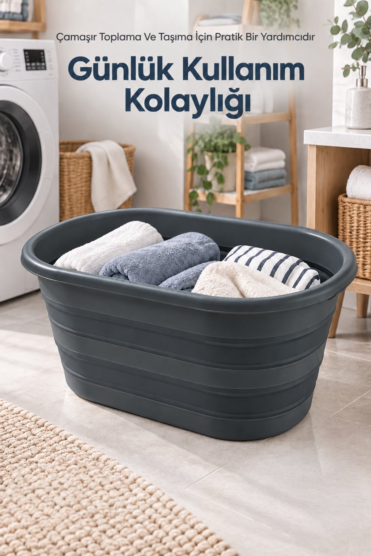 25 Litre Antrasit Katlanabilir Çamaşır Sepeti 54,5x38 cm Geniş Hacimli Pratik Ev Tipi Sepet