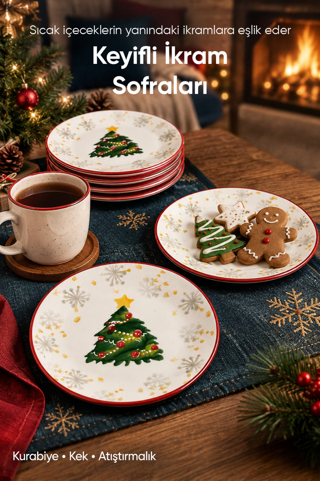 6'lı Süslü Yılbaşı Çam Ağacı Desenli Pasta Tabağı 19 cm Tatlı Sunum Servis Tabağı Kırmızı Beyaz 6 Kişilik