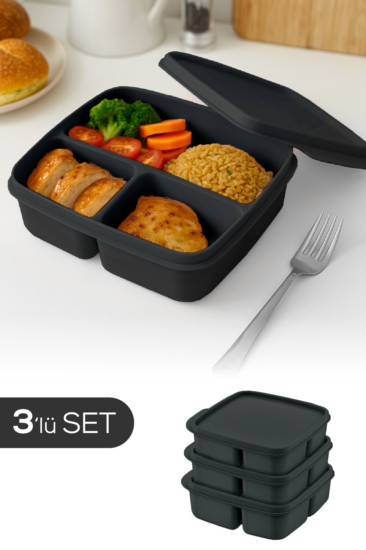 3'lü Set Bölmeli Kare Saklama Kabı Antrasit