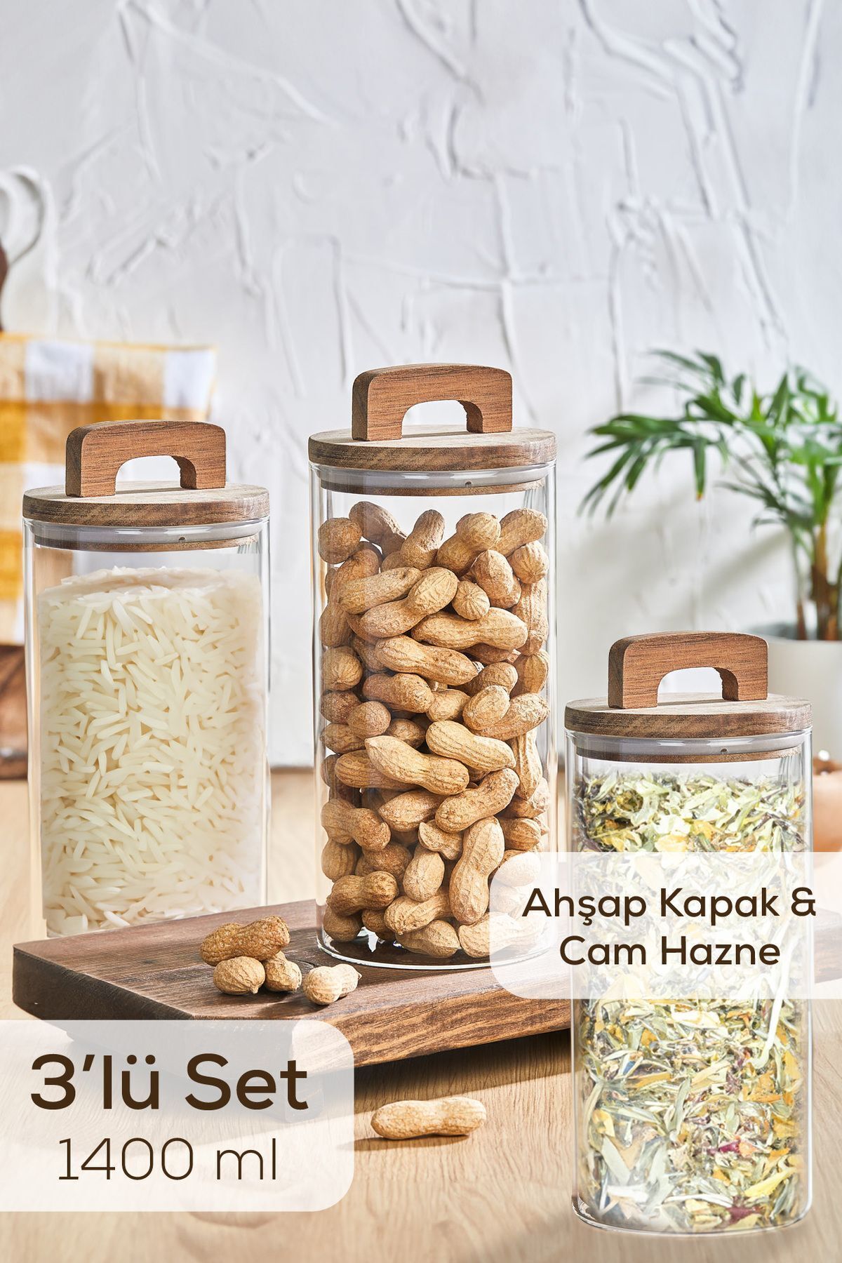 3'lü 1400 ml Ahşap Kapaklı Tutacaklı Kavanoz