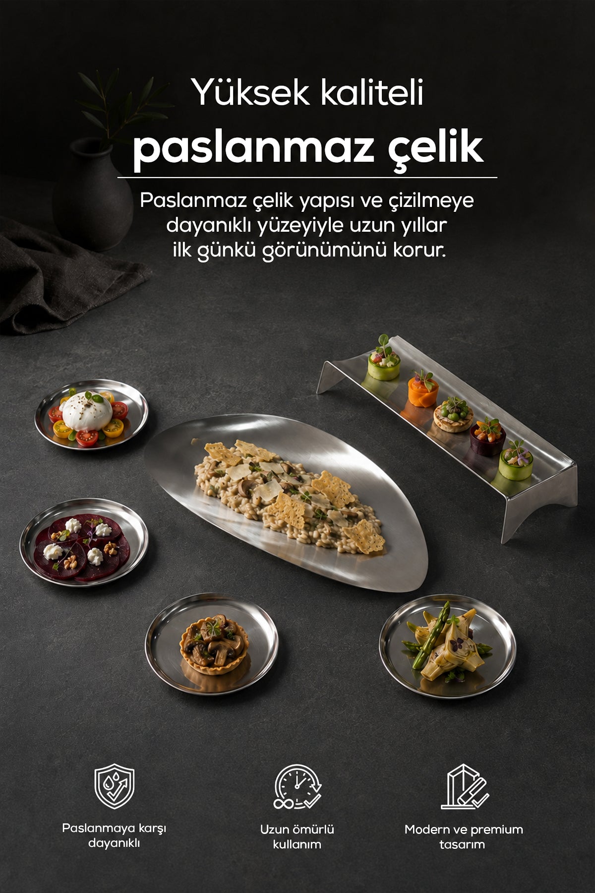 6 Parça Paslanmaz Çelik Çerezlik ve Sunum Tabağı Seti, Mezelik, Servis ve Kahvaltılık Takımı