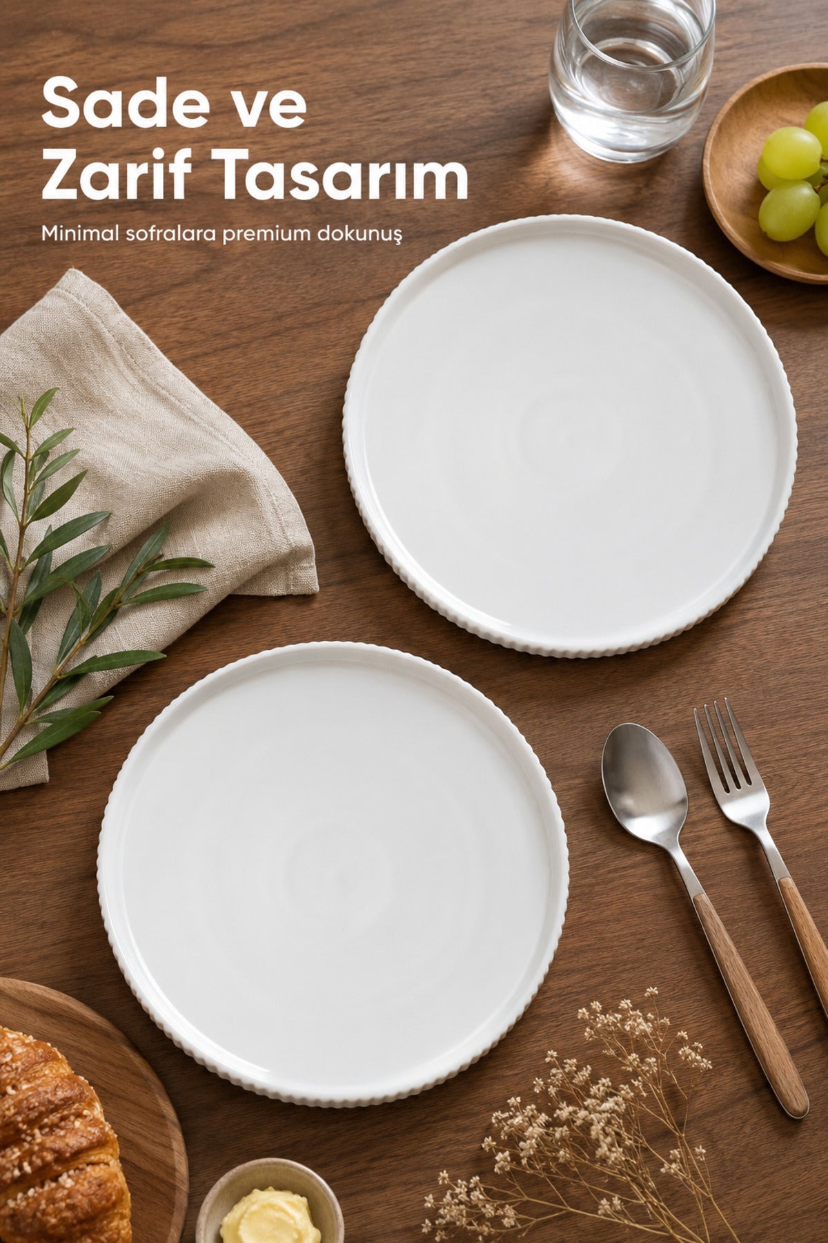2 Parça 24 cm Porselen Servis Tabağı Seti - Modern Çizgili Yuvarlak Sunum Tabağı