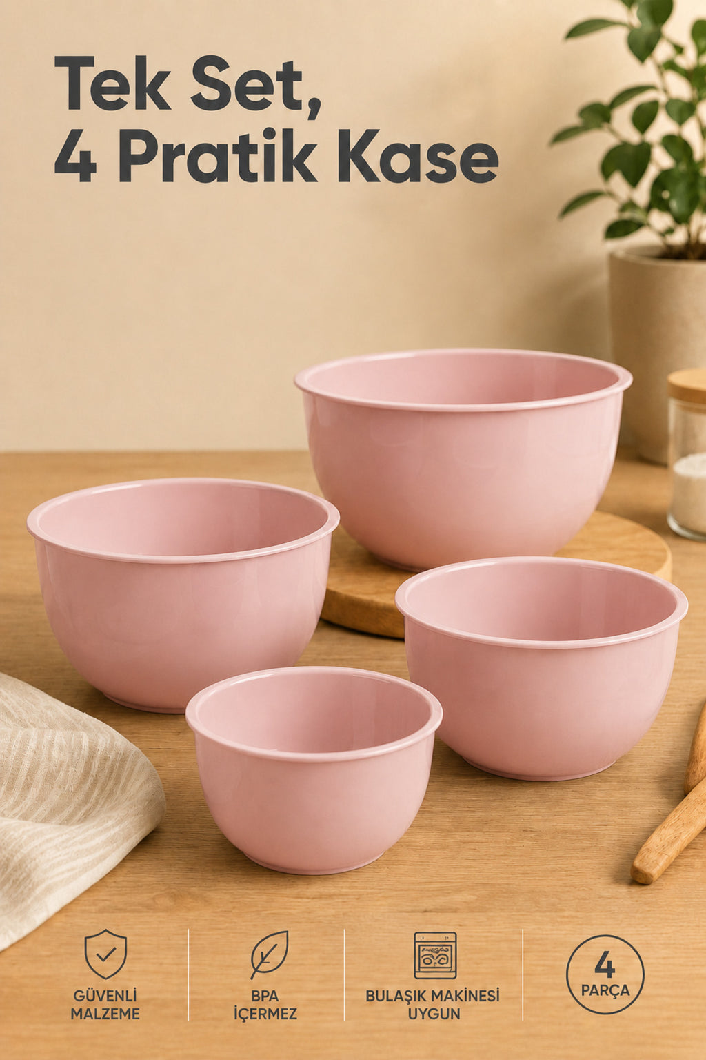 4'lü Karıştırma Ve Hazırlama Kabı Seti - Pudra Pembe - 1L 1.5L 2.3L 3.3L