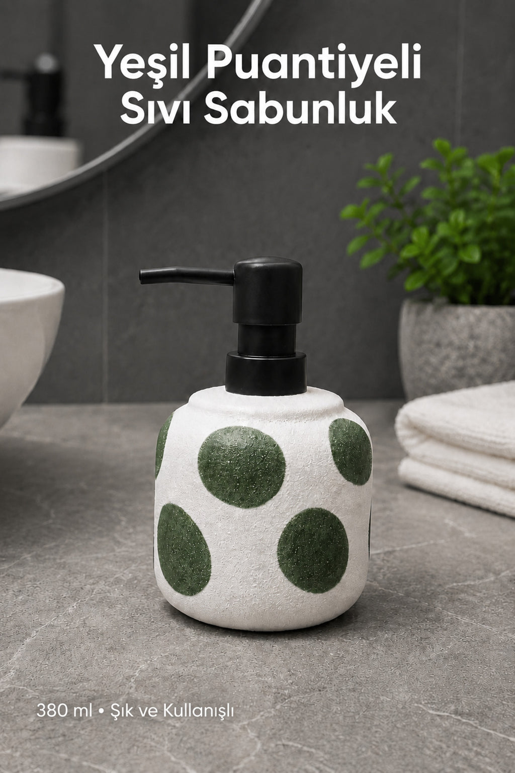 Yeşil Puantiyeli Seramik Sıvı Sabunluk 380 ml Beyaz Lüks Banyo Mutfak Sıvı Sabunluk