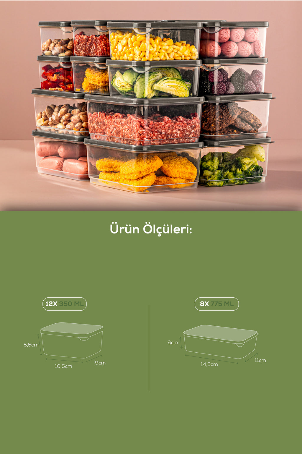 20'li Buzdolabı Düzenleyici Organizer Mikrodalgaya Uygun Difriz Saklama Kabı Gri
