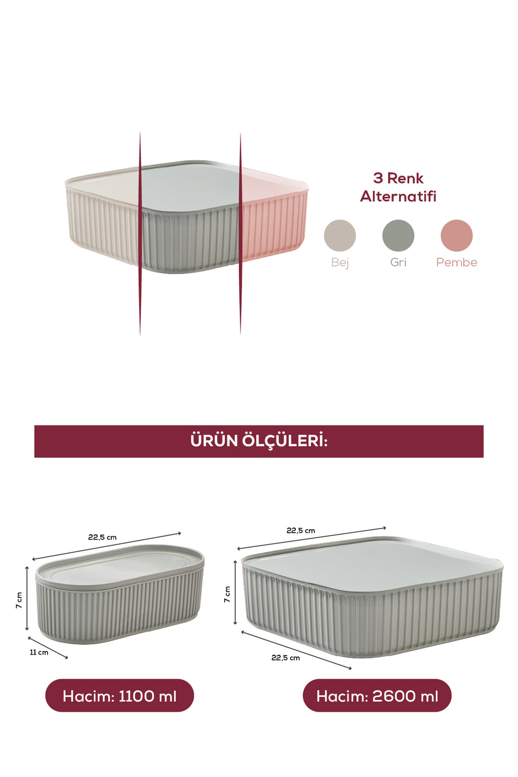 3'lü Elastik Bantlı İstiflenebilir Pratik Saklama Kabı Seti 2x(1100 ml) 1x(2400 ml) Gri
