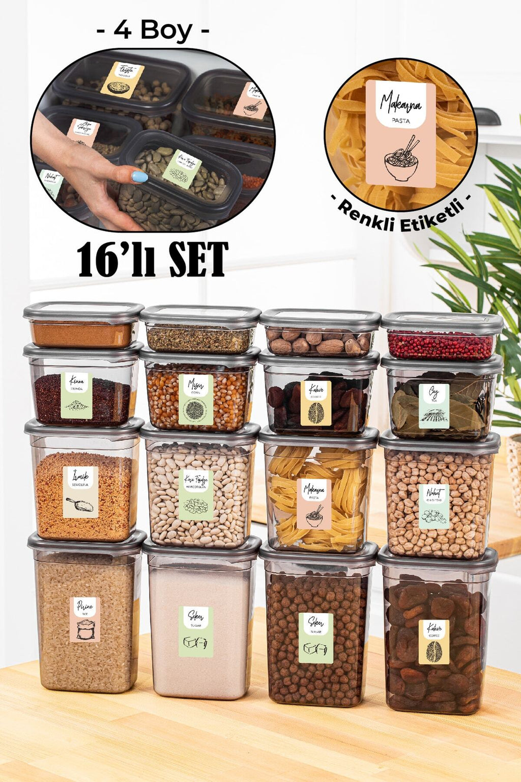 Renkli Etiketli 16lı Peggy Dikdörtgen Saklama Kabı Seti 4x(1500-1150-800-400 Ml) Antrasit